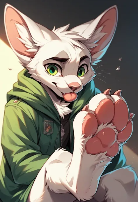 anthro, cat, white fur, green eyes, green jacket, big ears, Macro, Fußfocus, alone, good lighting, Focus on feet, Sit, licks a foot, fluffy, pelzig paws, Paw pads, schwarze Paw pads, 