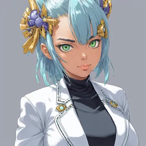 Mikumari (Xenoblade)masterpiece, Highest quality, ((1 person)),Blue Hair,Green Eyes,Serious expression, smile,Upper Body,Line art,Medium Hair,White blazer,black t-shirts,Big Breasts,Expressionless eyes,((Kubo Obito Style))
Detailed face, Face Focus, Are st...