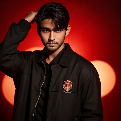 I am Indian young man warring black shirt black hair and red background 