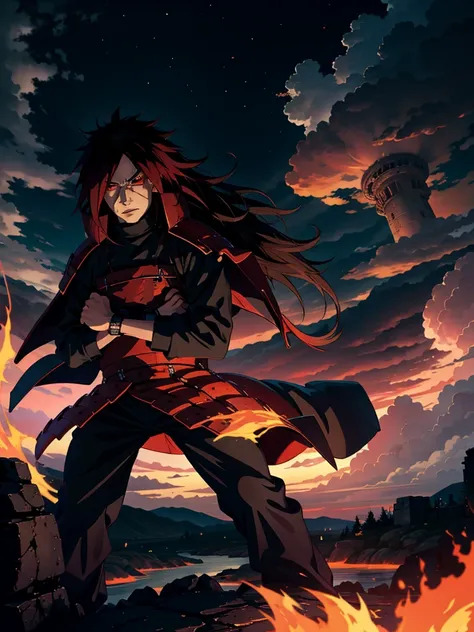 1male, style uchiha Madara, wearing a coat pant, best quality, ultra-detailed, realistic:1.37, HDR, portrait, dark shadows, intense gaze, pupilas espiral vermelha, long, flowing hair, powerful stance, bold brushstrokes, vibrant colors, dramatic lighting, a...