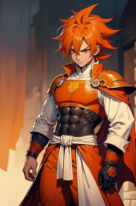 Tanned, young athletic male with long, orange saiyan hair, wearing orange armour plating, wearing red feathers around his waist, also wearing a red cape, in fantasy style,