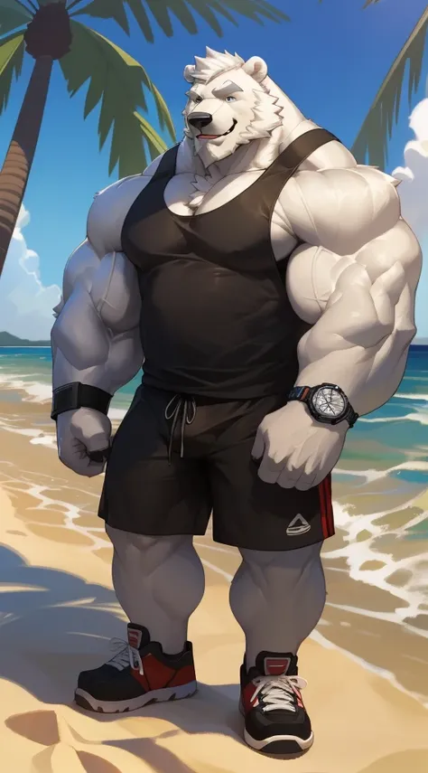 huge muscular polar bear in L.A. beach, big smile, polar bear, huge white fur, thick arm, huge arm, bearded. white hair and beard, bearded, (muscular, pectoral, wide pectoral, thick arms), beach, palm, realistic, 8k, masterpiece, (wearing black shorts, wri...