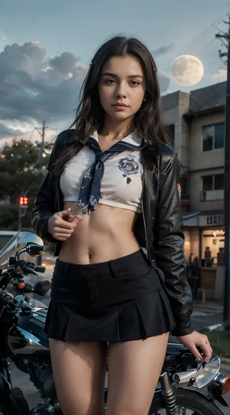 17-year-old waifu  school girl posando na frente de uma motocicleta futurista, the motorcycle has skulls and blue flames highly ...