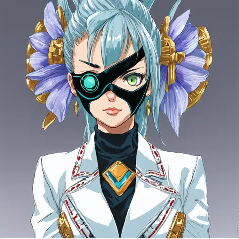 money (Xenoblade)masterpiece, Highest quality, ((1 person)),Blue Hair,Green Eyes,Serious expression, smile,Upper Body,Line art,Medium Hair,White blazer,Black T-shirt,Big Breasts,Bunhead,Black Mask, Expressionless eyes,((Kubo Obito Style)) Detailed face, Fa...