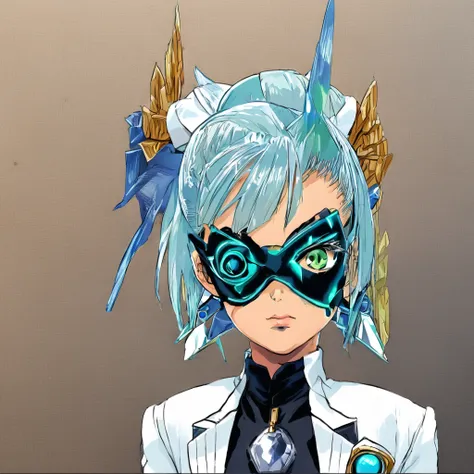 money (Xenoblade)masterpiece, Highest quality, ((1 person)),Blue Hair,Green Eyes,Serious expression, smile,Upper Body,Line art,Medium Hair,White blazer,Black T-shirt,Big Breasts,Bunhead,Black Mask, Expressionless eyes,((Kubo Obito Style)) Detailed face, Fa...