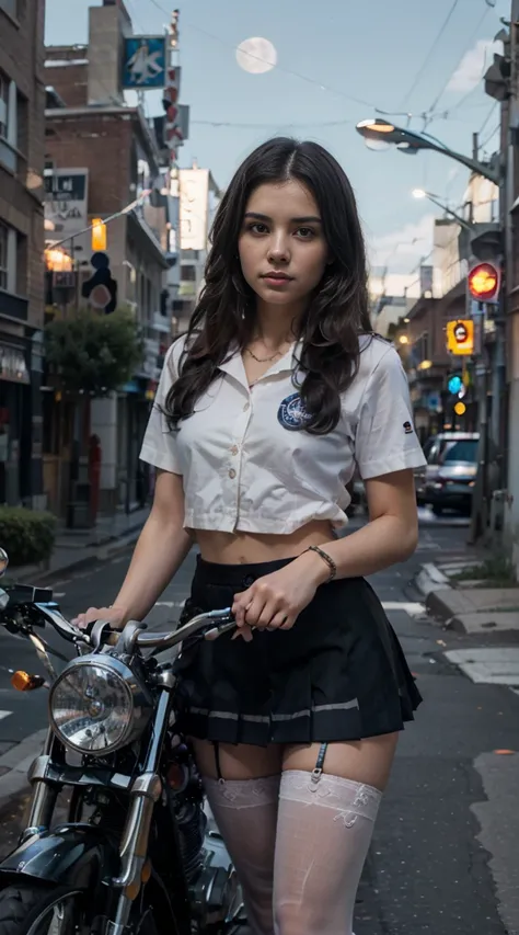 17-year-old Waifu School Girl posando na frente de uma motocicleta futurista, the motorcycle has skulls and blue flames highly detailed 3D graphics, night scenery with full moon in the background, she is wearing a  White SchoolUniform with 3D skulls and fl...