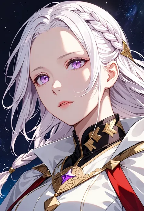 best quality, masterpiece,White hair, light purple Eyes,White clothes, look up, Upper Body,Hair,White skin,Side Braid,edelgard_von_hresvelg