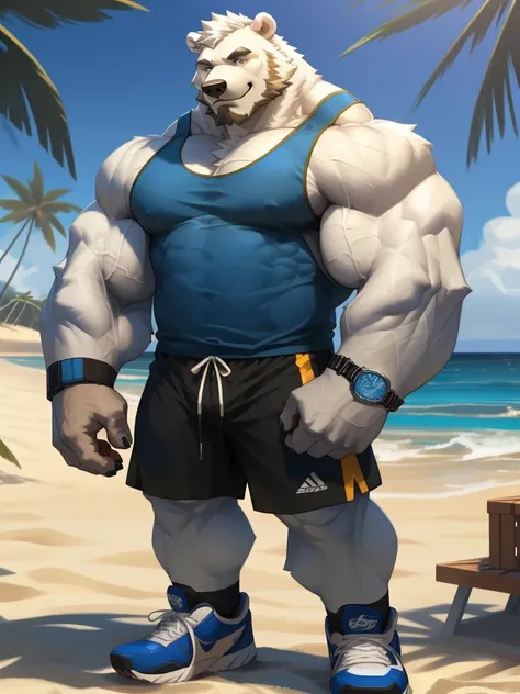 huge muscular polar bear in l.a. beach, big smirk, polar bear, huge white fur, thick arm, huge arm, bearded. white hair and bear...