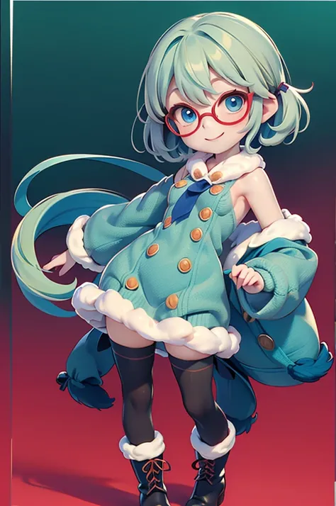 , smile, (very small breasts), (deep blue eyes), (pale green hair, short hair, amount, small pigtails), (red half-rimmed glasses...