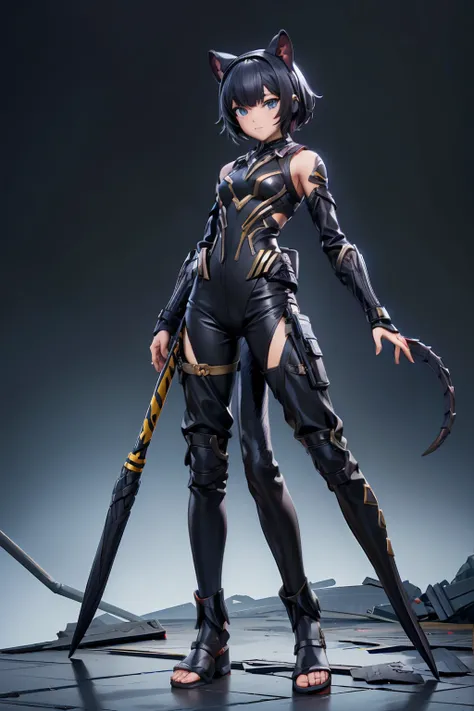 ((Full body photo, standing, feet on the floor))  Black short-haired girl with doll head and flat chest，Black panther ears，Black Panther Tail，Ninja costumes，Hand guard，long pants，black socks，Straw sandals，Standing，ruined city