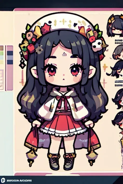 make me a cute chibi girl, with long black hair, a hat with red details and predominantly black, she is straight for the image s...