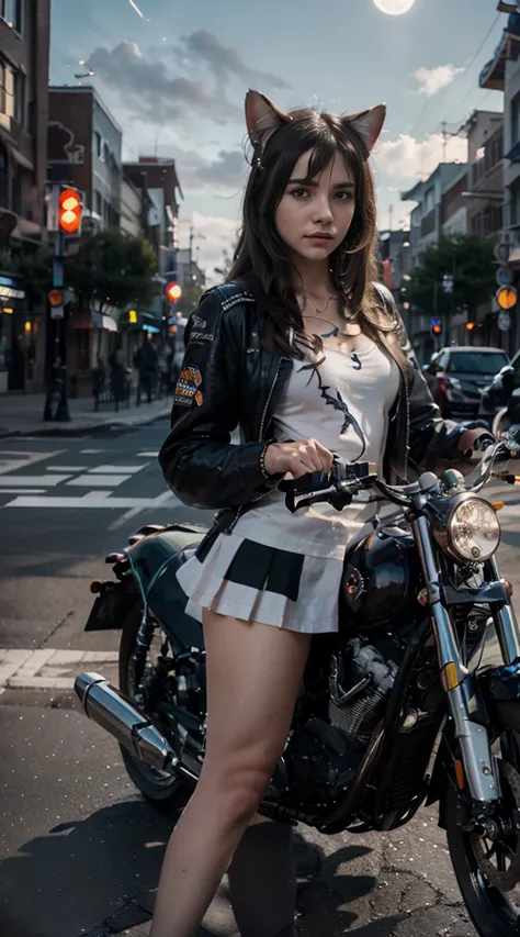 17-year-old waifu egirl, cat ears, cat tail, posando na frente de uma motocicleta futurista, the motorcycle has skulls and blue ...