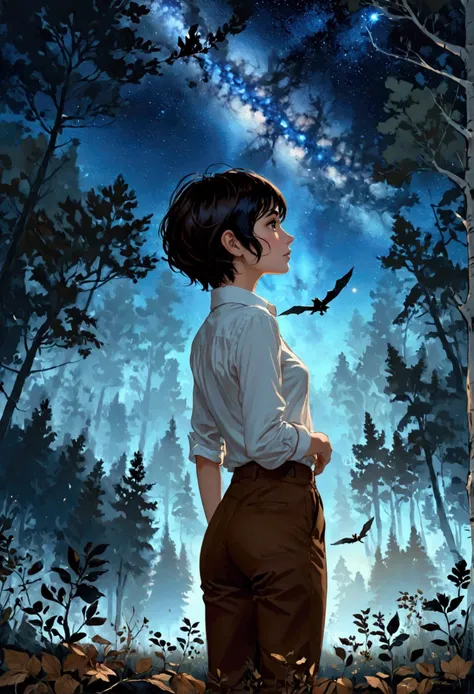 1 girl, (wearing white shirt and brown pants), (very short pixie hair style), (black hair), (rear view), (looking away from viewer), (((full body portrait))), (wearing brown shoes), (girl small in forground), (big sky above girl), (girl in forest looking t...