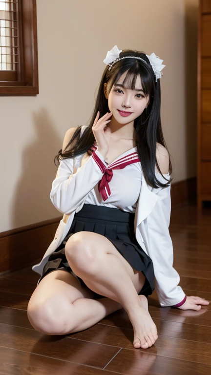 Best picture quality，High Detail，Higher quality，8K resolution，Ultra-high resolution，Full body shot，Exquisite facial features，Perfect face，girl，Large Breasts，individual，Lipstick Drunk，Provocative smile，Zhongfa，Black Hair，side fringe，Hairband，labcoat，Sailor ...