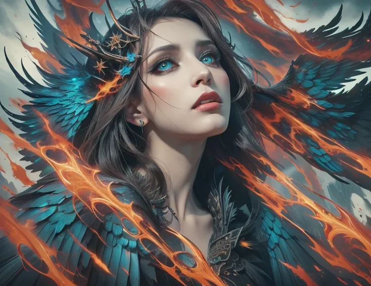 (best quality,4k,8k,highres,masterpiece:1.2),ultra-detailed,realistic:1.37,epic art,colorful scary angel,(Apterus:1.5),oil painting,angry eyes,dark wings,vibrant colors,mysterious background,heavenly atmosphere,glowing halo,intense emotions,expressive brus...