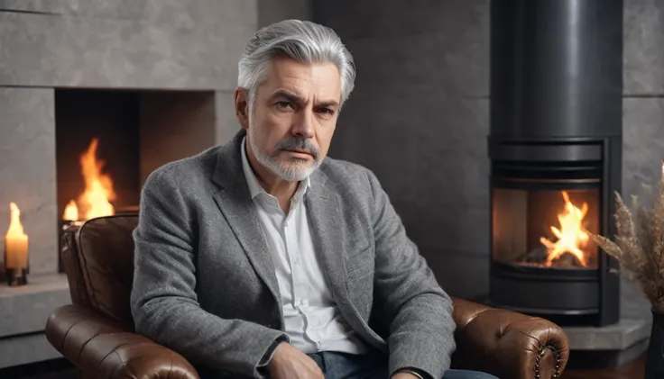 . a middle aged man, with gray hair and serious expression, sitting in an armchair looking at the fireplace . In the silent room.   PICTURE REALISTIC, high resolution, 8k 