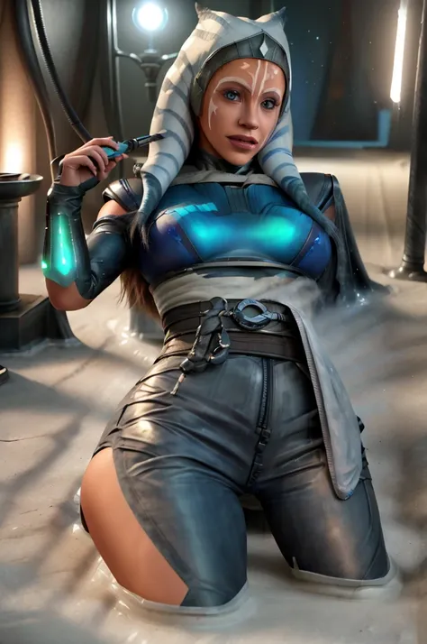 AHSOKA TRANSLUCENT latex outfit uniform, LYING IN A PUDDLE OF CUM, SOAKING IN CUMFOUNTAIN, mouth full of slime ,missing her pants, sex pose, jamesdaly artstyle, best quality, veins popping out on her skin. She is being brainwashed into becoming a Borg, wit...