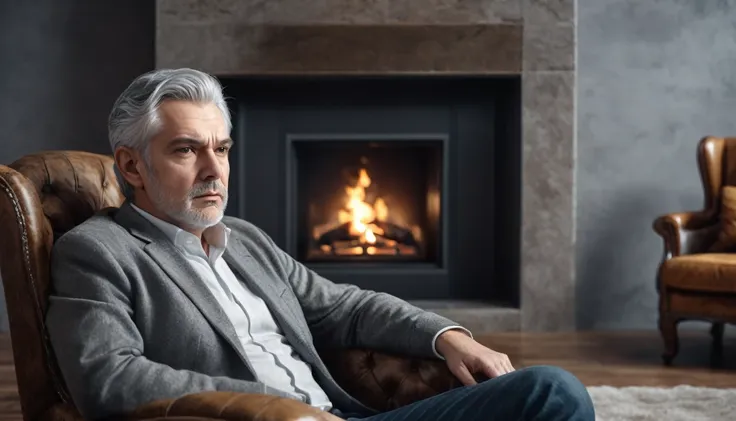 . a middle aged man, with gray hair and serious expression, sitting in an armchair looking at the fireplace . In the silent room.   PICTURE REALISTIC, high resolution, 8k 