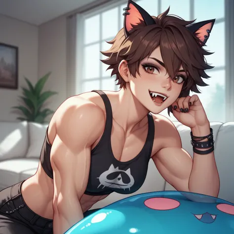 Best quality, highly detailed, ultra detailed, 1 light skin boy, muscular, slime physique, buff pecs, short dark brown hair, brown eyes, vampire fangs, cat ears on top of head, painted black nails, goth, black crop top, black pants, living room, close up