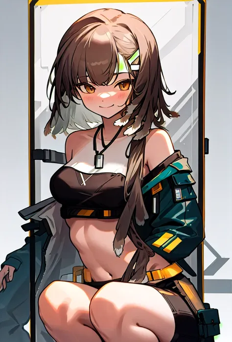 (firewhistle_arknights:1.10), 16 squat to the left, face, Smile, Black tube top, Navel, Low saturation, Colors are not bright, masterpiece, best quality, highres, high details, accurate