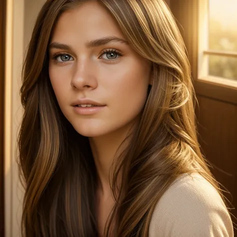 A photorealistic portrait of a 18-year-old norvegian girl with a model face with long, straight hair whith blonde and brunette highlights and striking hazel eyes. She should have a natural, approachable expression and be illuminated by soft, golden-hour su...