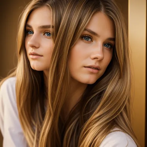 A photorealistic portrait of a 18-year-old norvegian girl with a model face with long, straight hair whith blonde and brunette highlights and striking hazel eyes. She should have a natural, approachable expression and be illuminated by soft, golden-hour su...