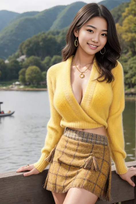 Half-length glamour portrait, nikon D850, f1.6 lens, 200mm, DSLR, 22 Megapixels, (((Tranquil lakeside scene))), shot of a stunning 19 years old korean girl, (smile:1.4), (wearing Yellow cashmere sweater with a tweed skirt:1.6), ((seductive pose)), hot girl...