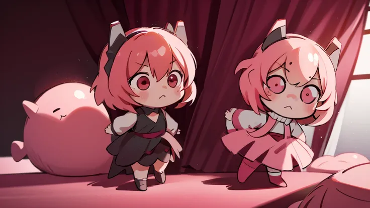 Top quality, masterpiece, chibi character, pink hair, animal ears girl, red eyes, Shiny Dress,dark background, double exposure, shadows covering the body, fantastic light curtain,Monochrome