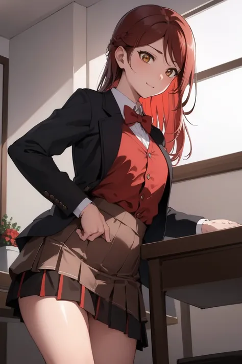 Rikosakurauchi, Riko Sakurauchi, (Brown eyes:1.5), hair between the eyes, by the wide, (Red hair:1.5), (Little mom:1.2), 
BREAK glasses, high advanced breeding , jacket de sport, red jacket de sport, bow, bowtie, collar shirt, jacket, long sleeves, pleated...