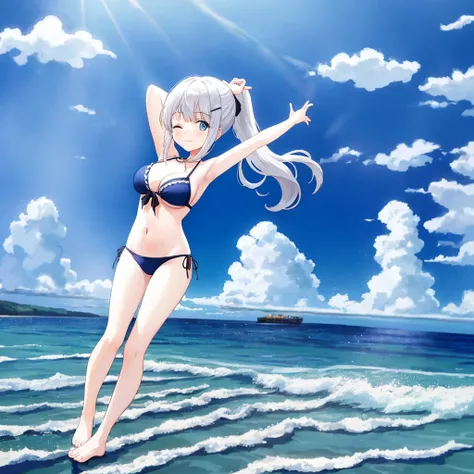 zPDXL2, rating_safe, source_anime, 1girl, 4k quality, detailed background, detailed eyes, (cowboy shot), outdoors,, happy, sunny, naruse shiroha,  white hair, blue eyes, black bikini,side-tie bikini bottom,hair clip,left hair clip, legs apart,feet apart,fu...