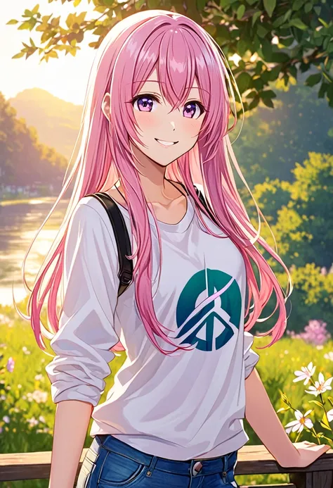 Megurine Luka smile casual clothes jeans pants colored morning peace upper body