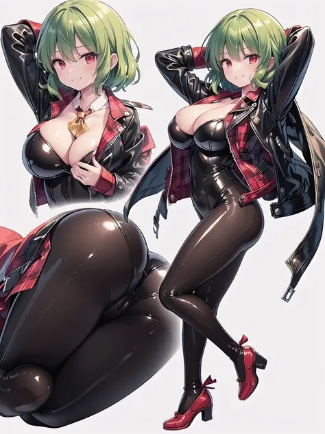 (((high quality))),(((masterpiece))),(((highly detailed))),((illustration style)),(((one women))),(((kazami yuuka))),(touhou), red eyes, short green hair,(((black leather jacket))),(((red leather jacket))),(((plaid red full bodysuit))),((latex)), (shiny cl...