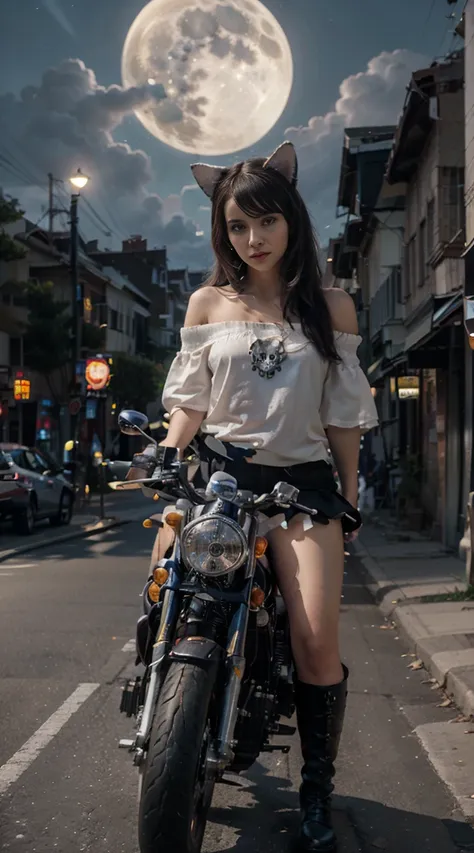 17-year-old waifu  e-girl, cat ears, cat tail, posando na frente de uma motocicleta futurista, the motorcycle has skulls and blu...