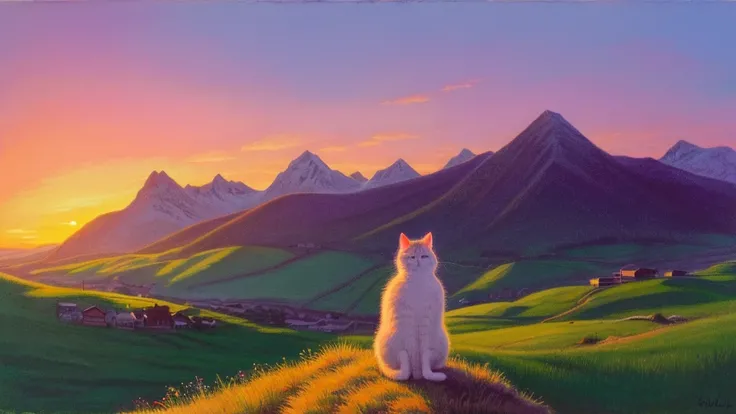 A cat staring at a sunset behind the mountains naking the cat glow, pastel, oil on canvas