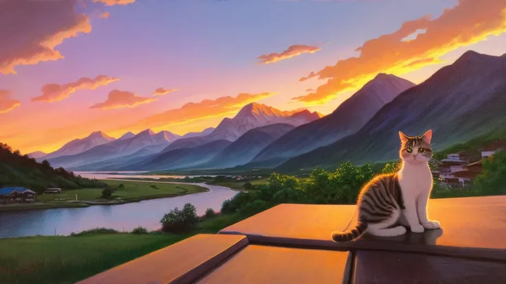 A cat staring at a sunset behind the mountains naking the cat glow, pastel, oil on canvas