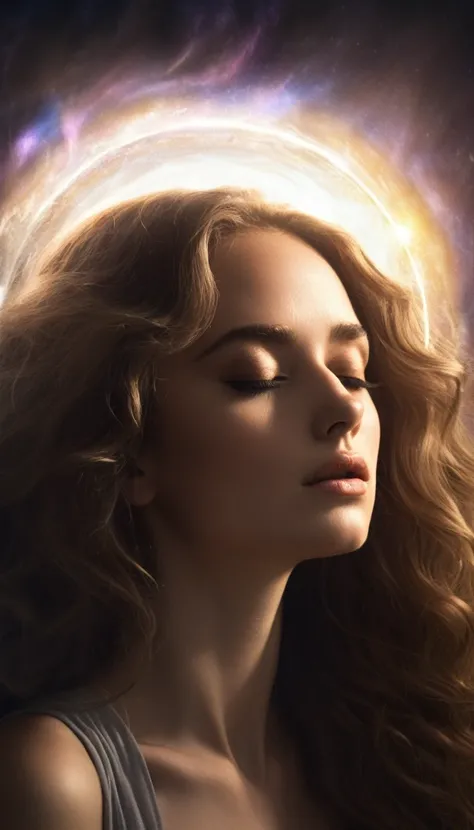 woman with wavy hair, eyes closed and a hole of light coming out of his forehead as if it were a portal