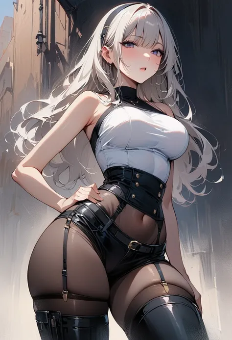 (masterpiece, Highest quality:1.2), １People Women。Swedish、Has long silver hair、Dramatic face、２４age、head band、Light brown skin、Large Breasts、Narrow waist、Big Ass、off-shoulder shirt、micro shorts、thigh boots、pantyhose、garter belt、