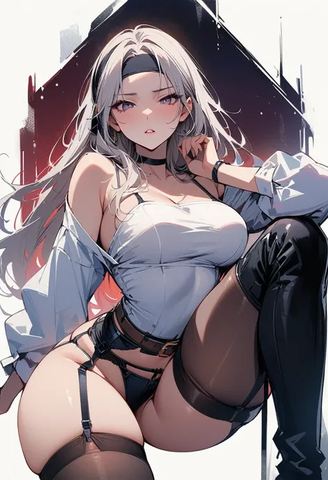 (masterpiece, Highest quality:1.2), １People Women。Swedish、Has long silver hair、Dramatic face、２４age、head band、Light brown skin、Large Breasts、Narrow waist、Big Ass、off-shoulder shirt、micro shorts、thigh boots、pantyhose、garter belt、