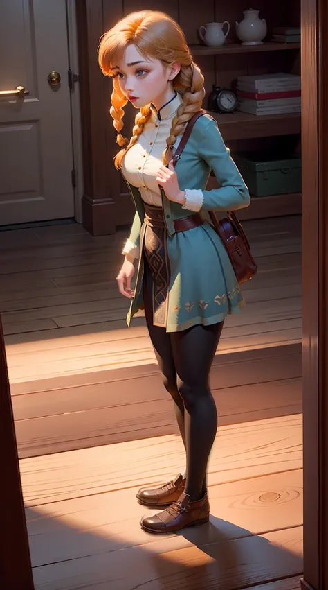 ((Full body photo, standing, on the floor)) Photo of Anna of Arendelle changing clothes