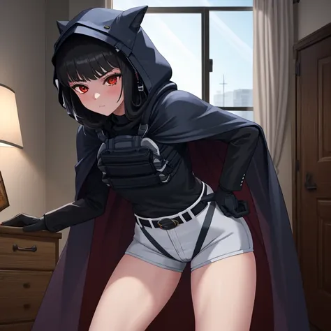 solo, 1girl, dnikke, long sleeves, hood up, black shirt, gloves, shorts, cloak, cape, belt, tactical clothes, room