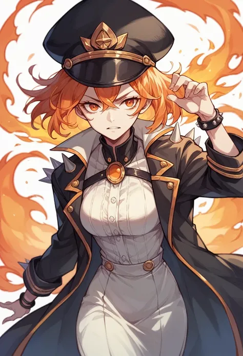 アニメ, White girl , fire orange hair, orange eyes, black captain hat,  long sleeve black open shirt, black darkcore bracelets with bracelet spikes 