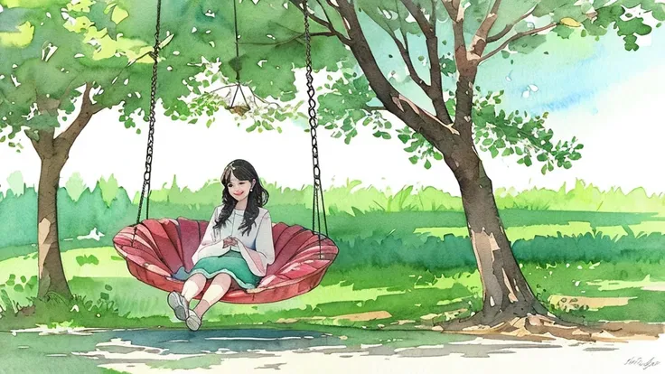 Hyper-realistic paper quilling image, showing a  sitting on a swing under a tree with a watercolor painting background of a beautiful natural scene.