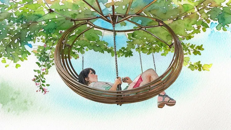 Hyper-realistic paper quilling image, showing a  sitting on a swing under a tree with a watercolor painting background of a beautiful natural scene.