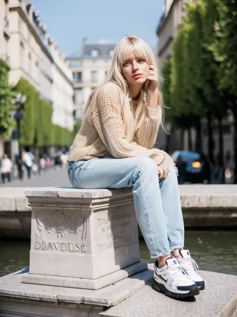 real image of a tiered blonde hair girl sitting on a monument in paris. (((real life)))