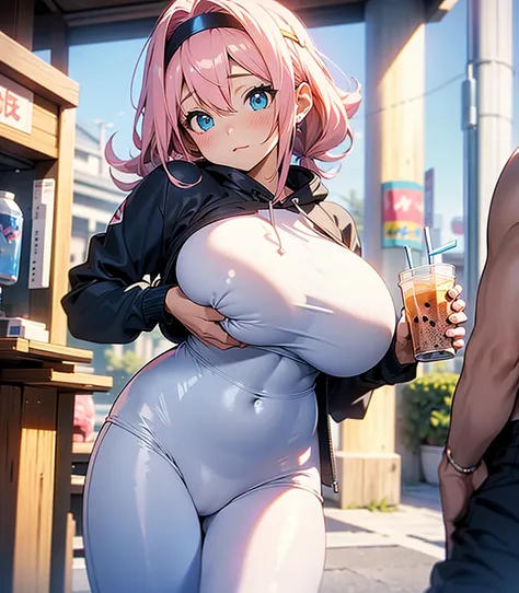 (super detailed, realistic, 8k) 1girl, solo, Super Sonico  at a boba tea shop,, wearing white flat bill cap, white cropped hoodie, black latex leggings , 19 years old, large breasts, triple D cup breasts, round buttocks, bubbly buttocks, wide hips, bubbly ...