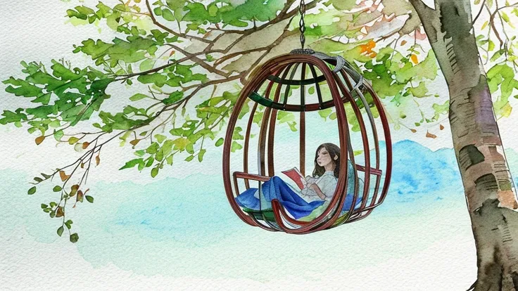 Hyper-realistic paper quilling image, showing a  sitting on a swing under a tree with a watercolor painting background of a beautiful natural scene.