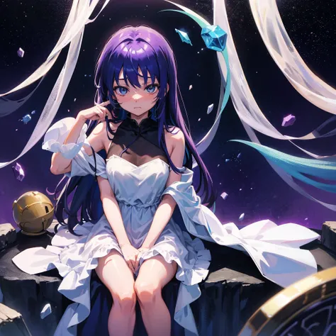 Gemstones Space Background　Sitting on the throne　When Higurashi Cries　Furude Rika　White dress