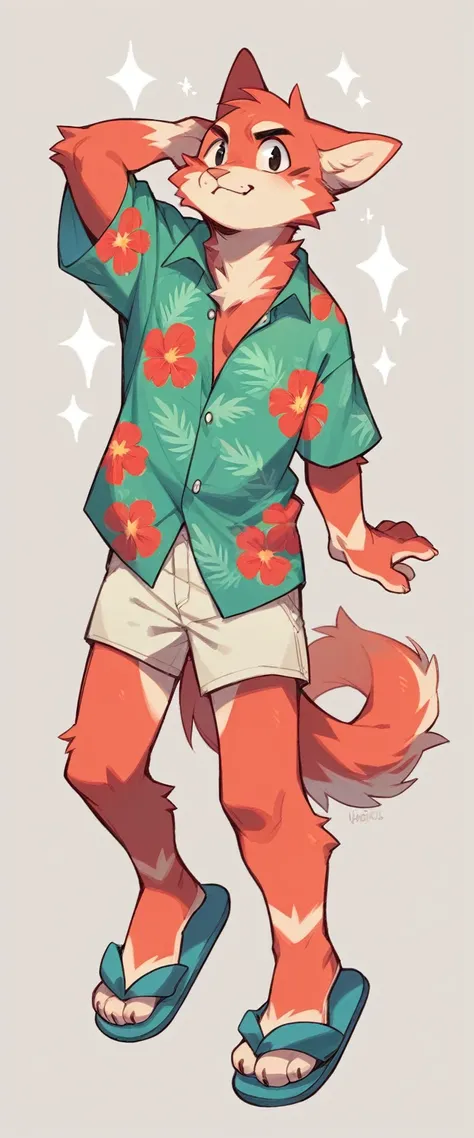 Pale red fluffy cat in a full-length turquoise Hawaiian shirt and flip-flop slippers