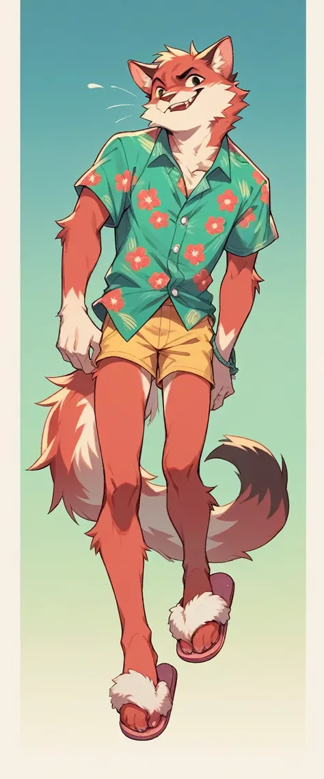 Pale red fluffy cat in a full-length turquoise Hawaiian shirt and flip-flop slippers