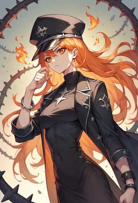 アニメ, White girl , fire orange hair, orange eyes, black captain hat,  black overcoat,black jersey ,bracelets with thorns, darkcore